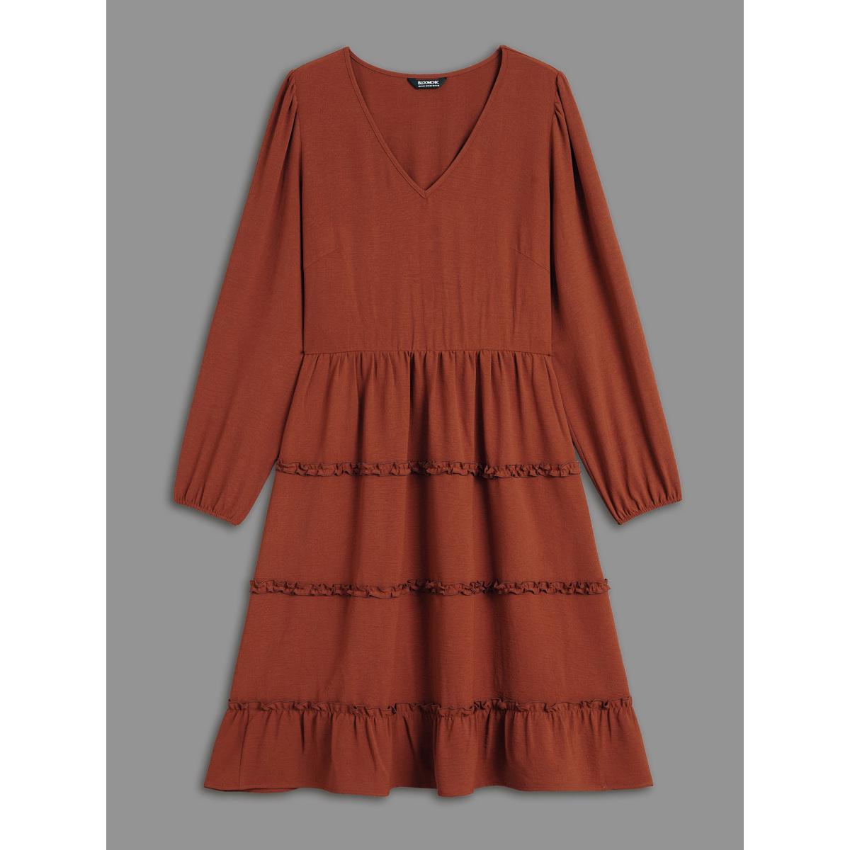 Plus Size Plain Frill Trim Ruffle Layered Hem Dress Russet Women Resort Gathered V-neck Long Sleeve Curvy BloomChic 28/5X Product Image