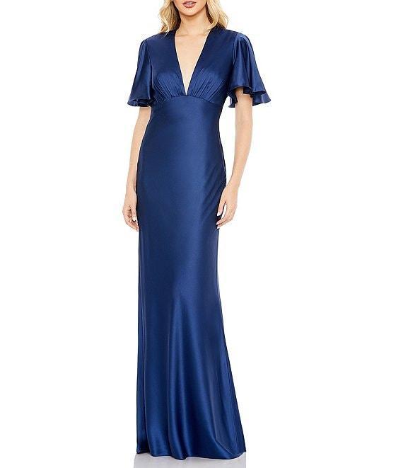 Mac Duggal Flounce Sleeve V-Neck Satin A-Line Trumpet Gown Product Image