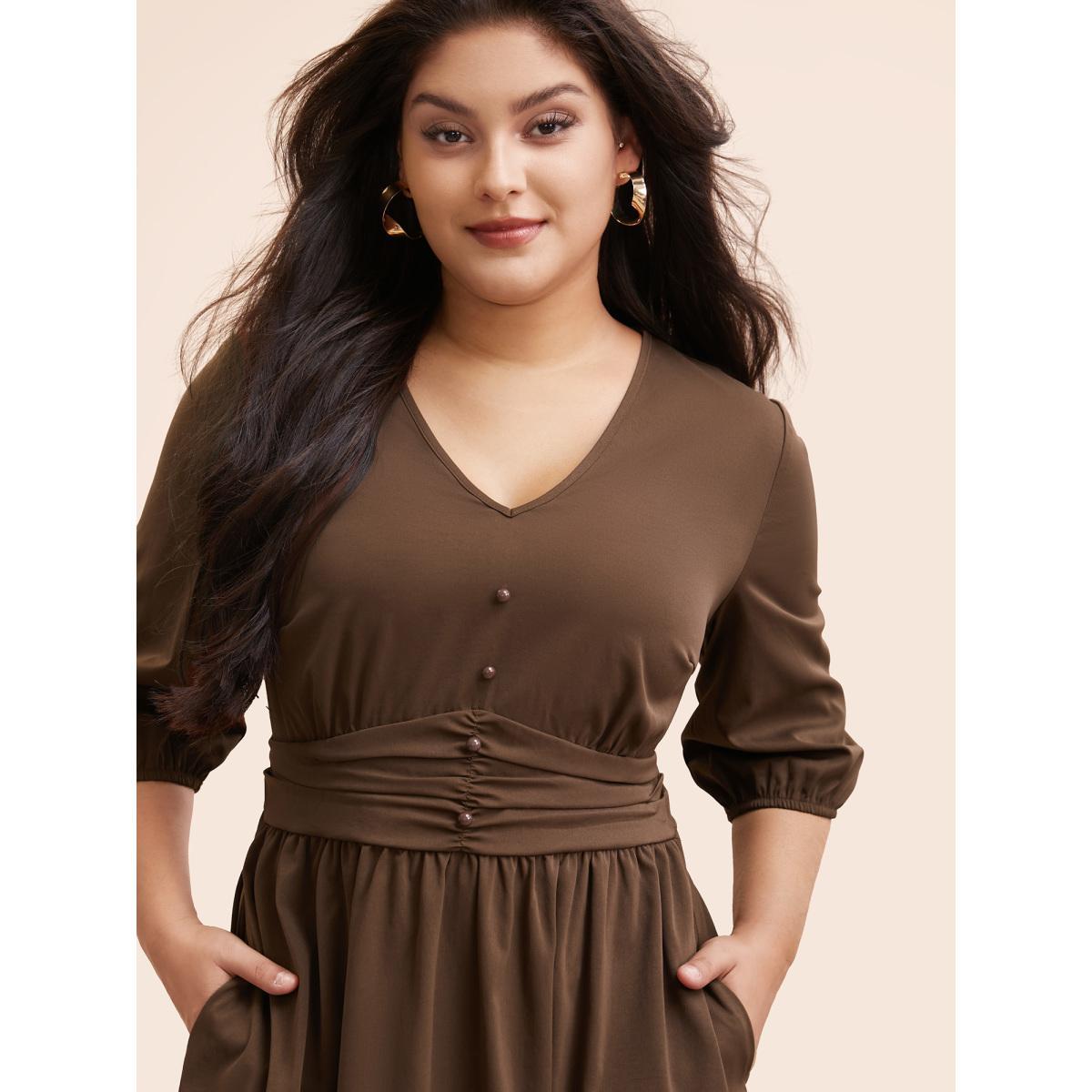 Plus Size V Neck Shirred Ruched Midi Dress DarkBrown Women Elegant Gathered V-neck Elbow-length sleeve Curvy BloomChic 26/4X Product Image