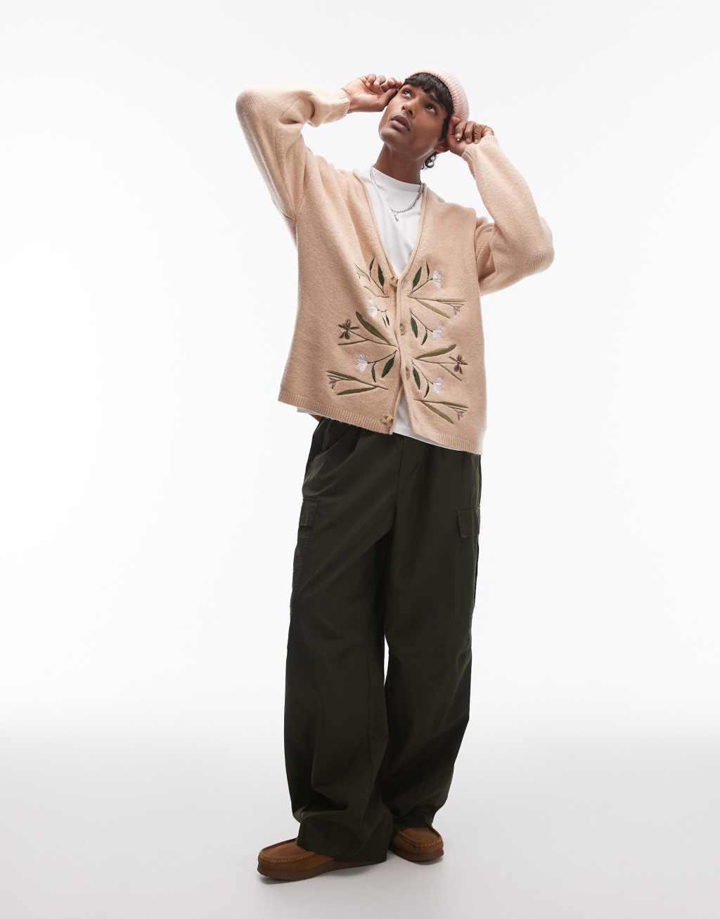 Topman knit cardigan in ecru with floral embroidery Product Image