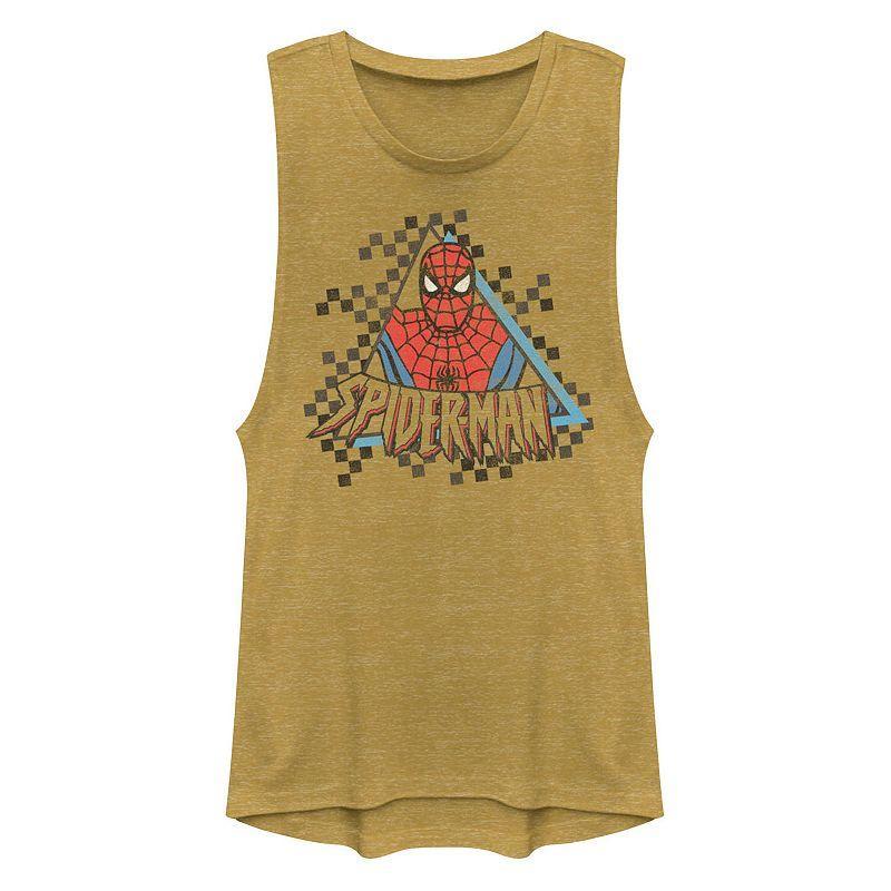 Juniors Marvel Spider-Man Checkerboard Graphic Muscle Tank Top, Girls Gold Grey Product Image