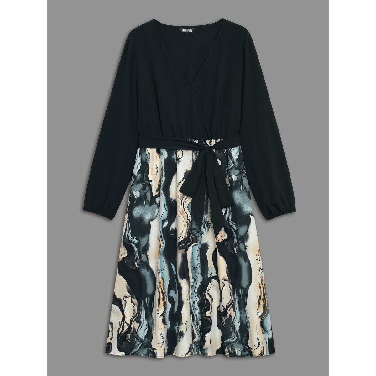 Plus Size Surplice Neck Marble Print Belted Dress Black Women At the Office Belted Overlap Collar Long Sleeve Curvy BloomChic 10/M Product Image