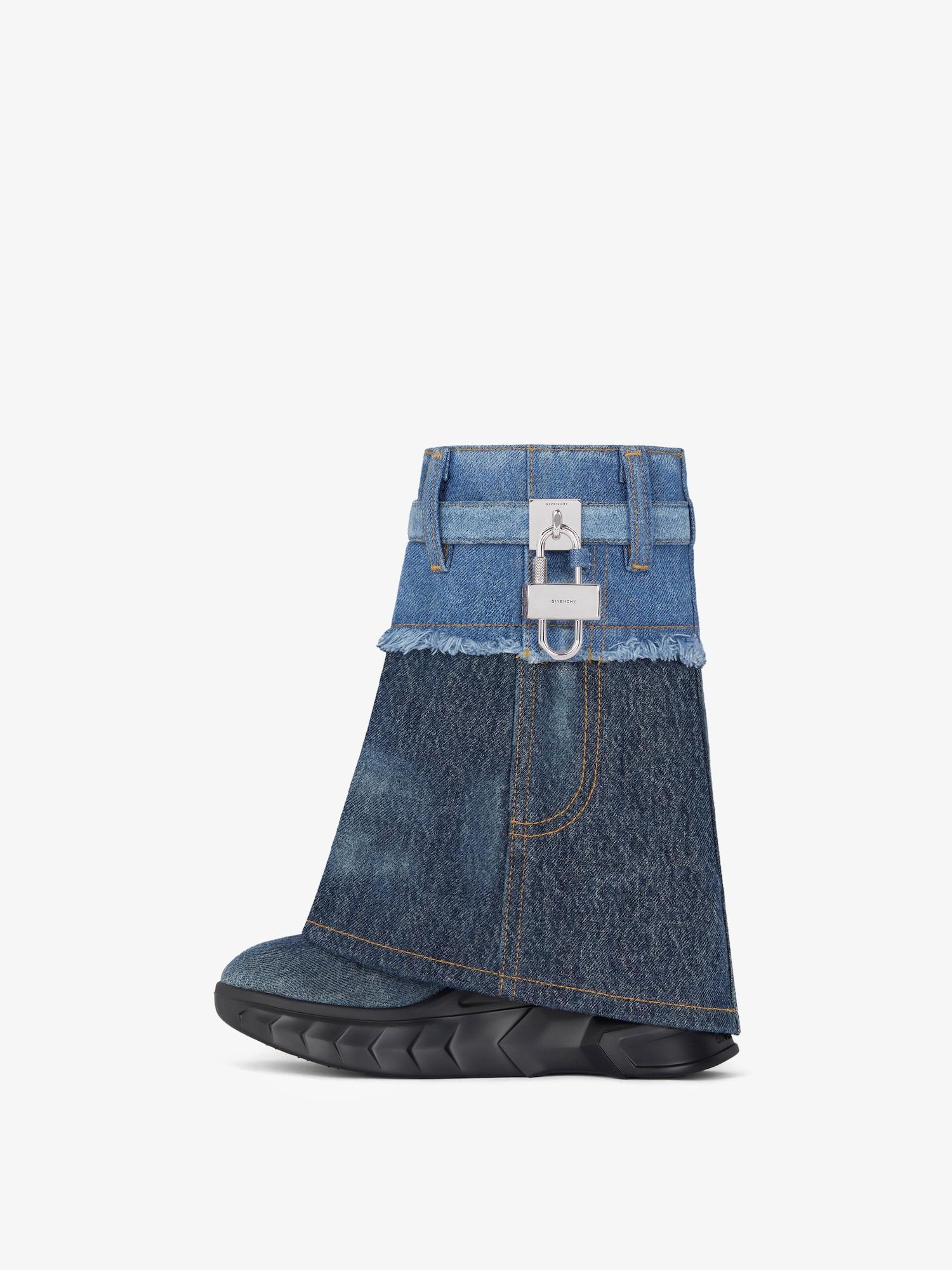 Shark Lock Biker ankle boots in bicolor washed denim Product Image