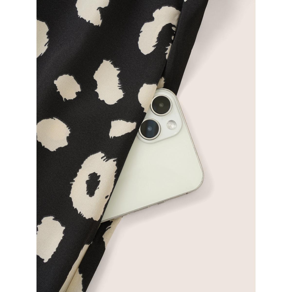 Plus Size Leopard Overlap Collar Elastic Waist Belted Dress Black Women At the Office Non Overlap Collar Elbow-length sleeve Curvy Midi Dress BloomChic 14-16/1X Product Image