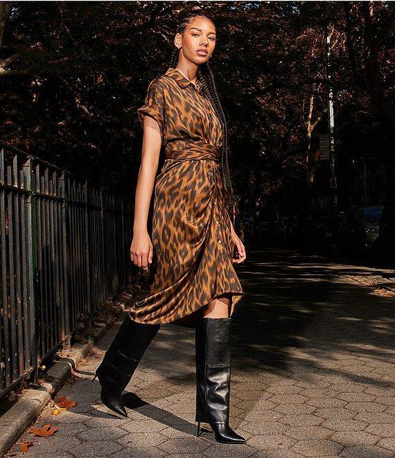 Steve Madden Tori Satin Leopard Print Point Collar Short Kimono Cuff Sleeve Ruched Front Asymmetrical Hem Midi Shirt Dress Product Image