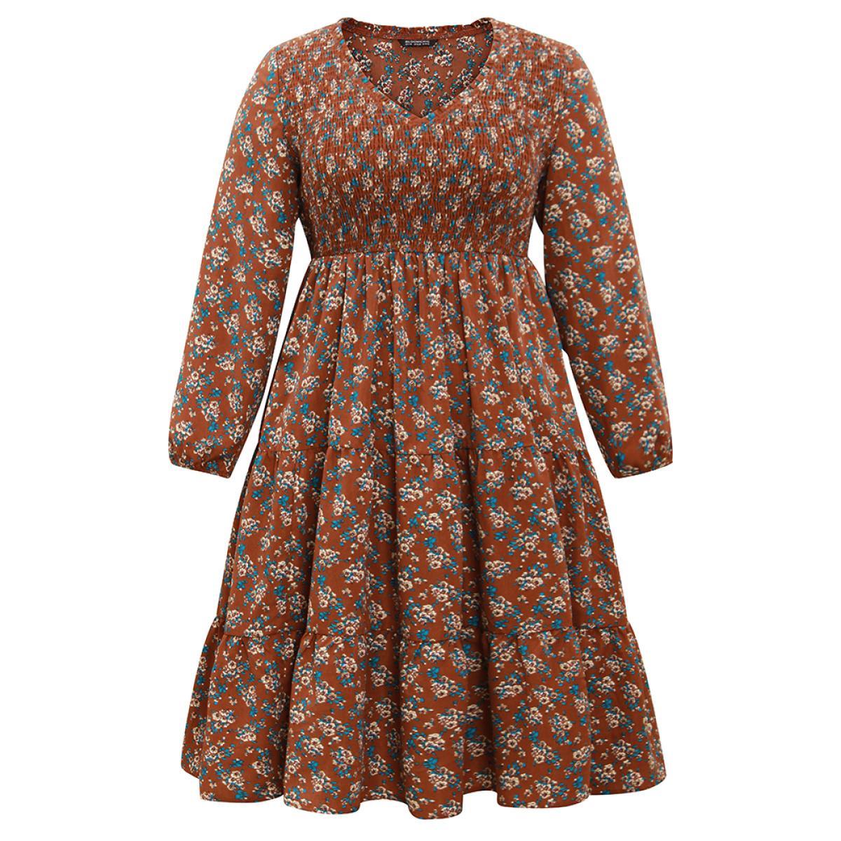 Plus Size Ditsy Floral Shirred Flutter Layered Hem Dress Rust Women Elegant Elastic cuffs V-neck Long Sleeve Curvy Midi Dress BloomChic 18-20/2X Product Image