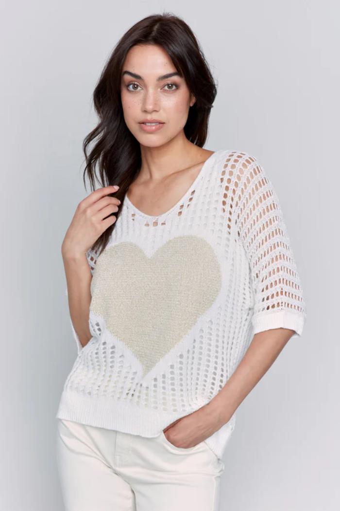 Fishnet V-Neck Sweater with Gold Heart Product Image