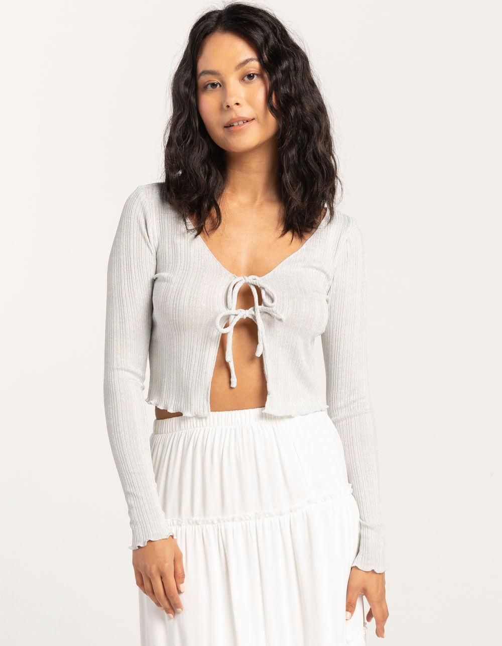 RSQ Womens Tie Front Lurex Cardigan - SILVER Product Image