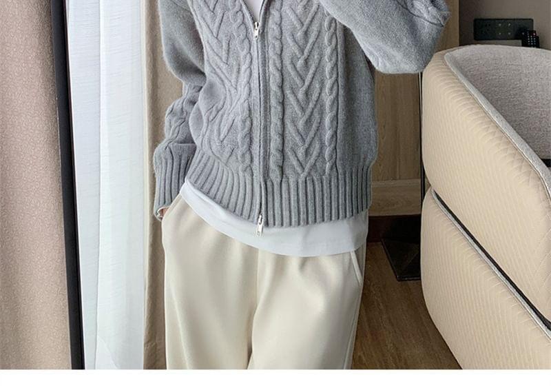 Collar Cable Knit Zip Cardigan Product Image