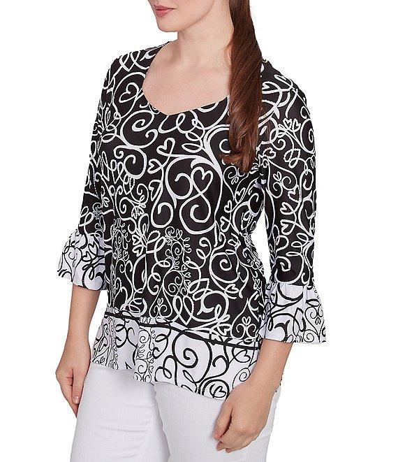 Ruby Rd. Whirlwind Heart Border Print Knit Sweetheart Neck 3/4 Sleeve Top Product Image