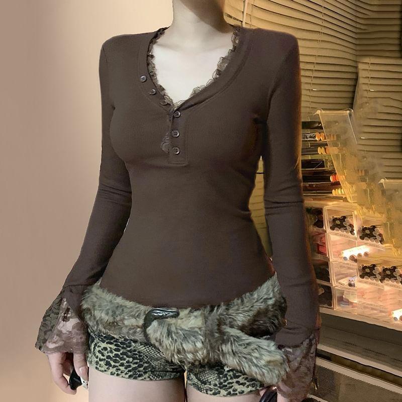 Long Sleeve Half-Button V-Neck Lace Panel Ribbed-Knit Slim-Fit Top Product Image