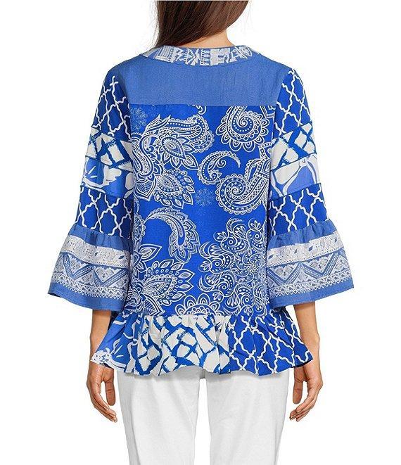 Calessa Petite Size Summer Paisley Split V-Neck Embroidered Tunic Product Image