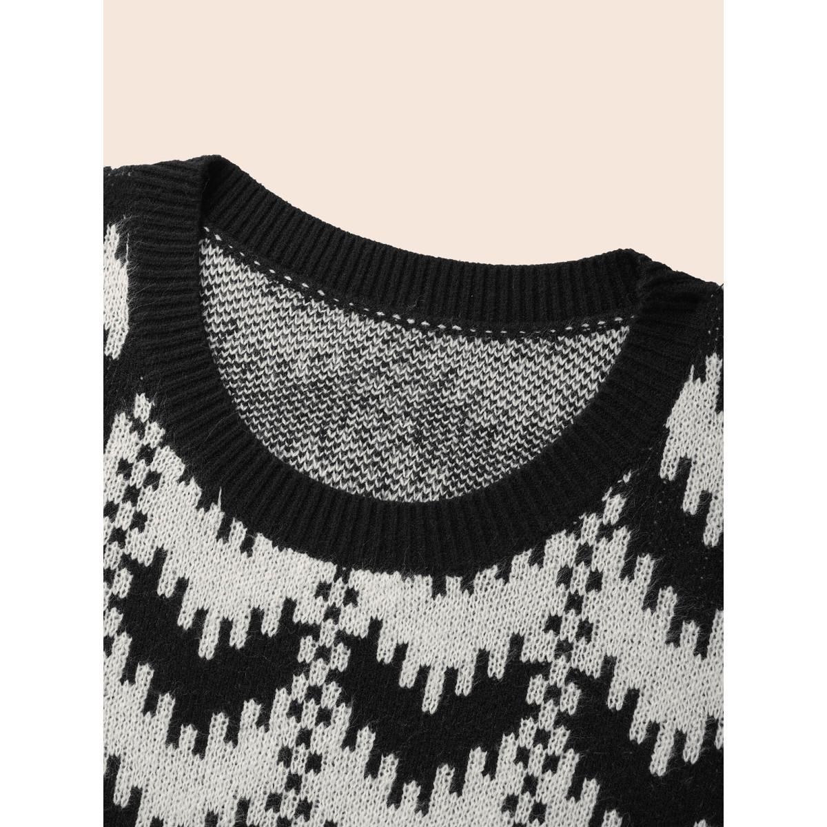 Plus Size Geometric Jacquard Drop Shoulder Sleeve Pullover Black Women Casual Loose Long Sleeve Round Neck Everyday Pullovers BloomChic 12/L Product Image