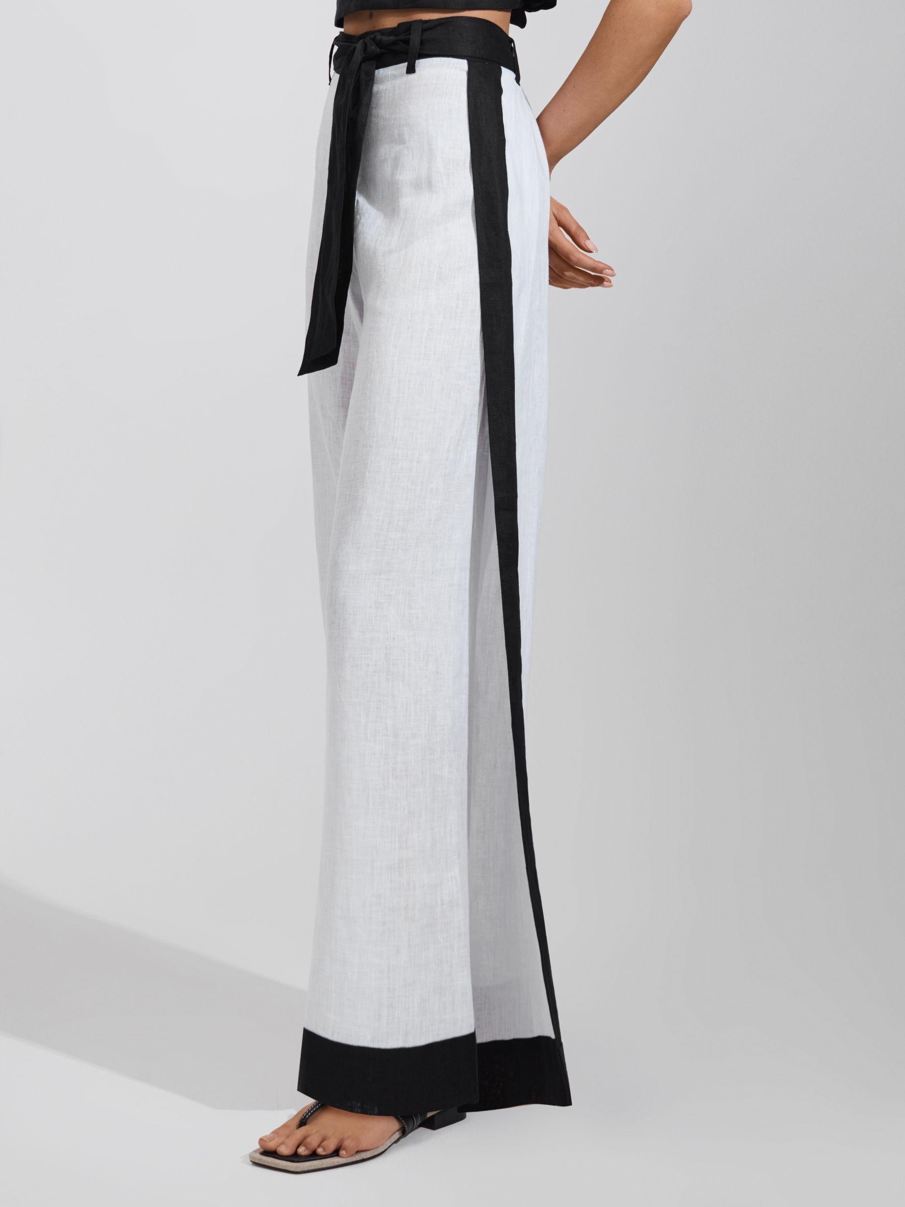 Linen Side Split Trousers in White/Navy Product Image