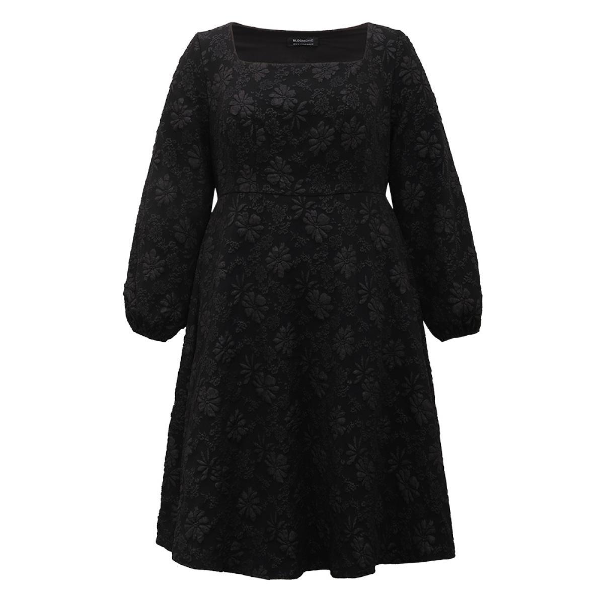 Plus Size Floral Print Plisse Pocket Lantern Sleeve Dress Black Women Cocktail Elastic cuffs Square Neck Long Sleeve Curvy Midi Dress BloomChic 10/M Product Image