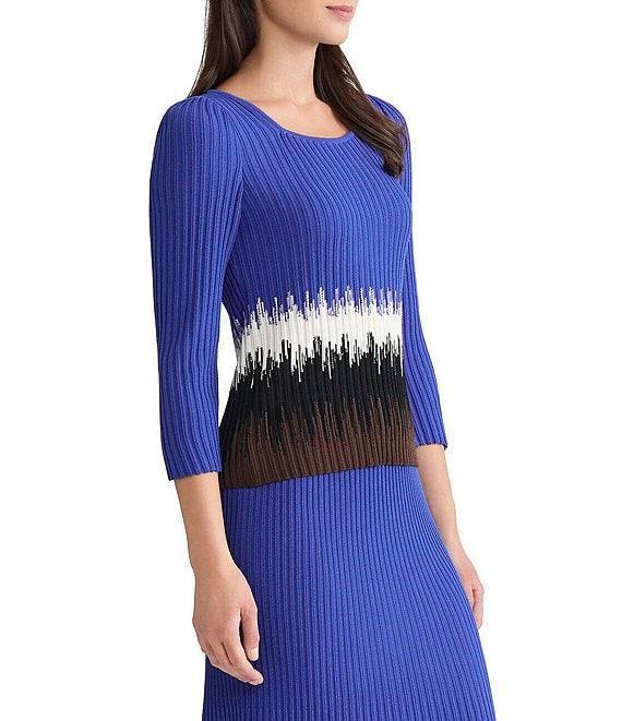 Ming Wang Coordinating Ombre Soft Ribbed Knit Square Neck 3/4 Sleeve Top Product Image