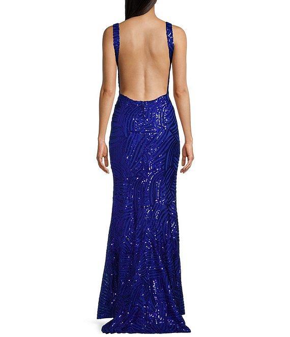 City Vibe V-Neck Sleeveless Sequin Pattern Open Back Side Slit Dress Product Image