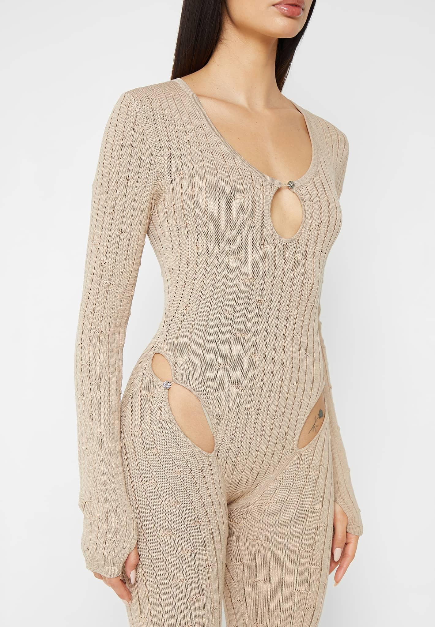 Distressed Knitted Cut Out Jumpsuit - Taupe Female Product Image