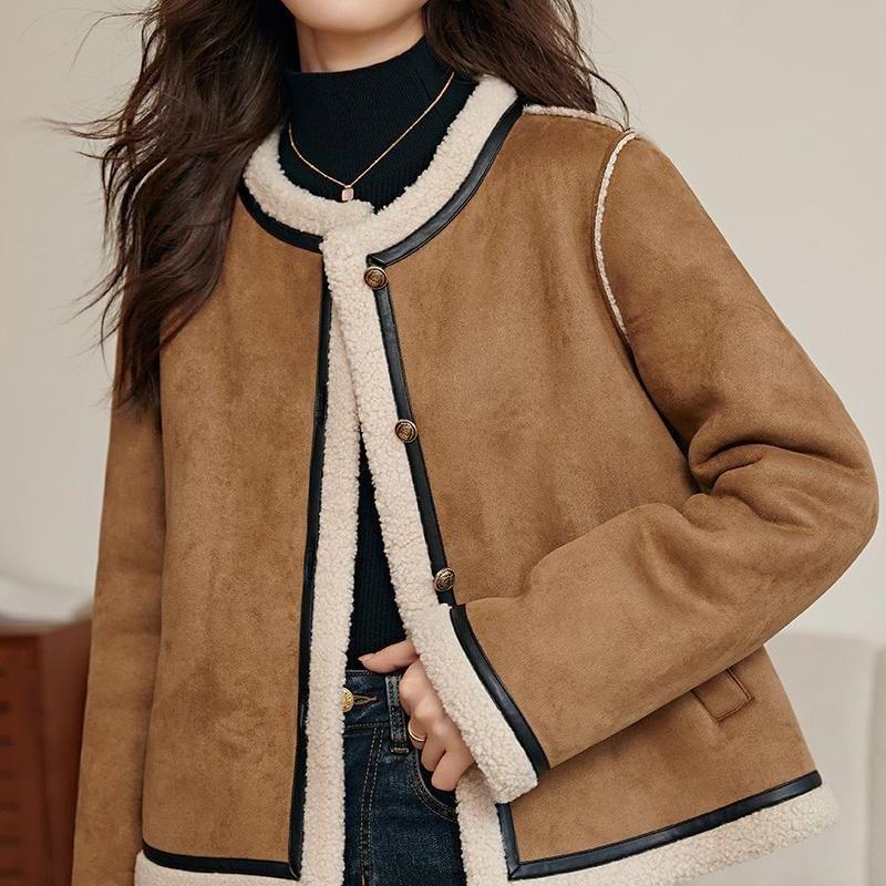 Round Neck Contrast Trim Faux Suede Button Jacket Product Image