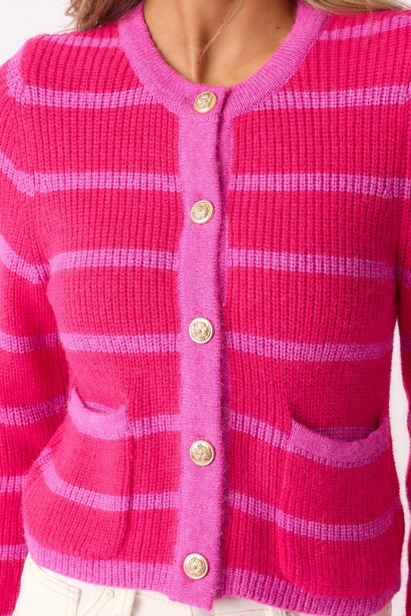 Let's Go Shopping Hot Pink Stripe Button Front Cardigan Product Image