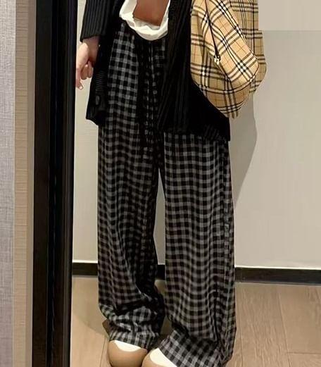 High Rise Plaid Wide Leg Pants Product Image