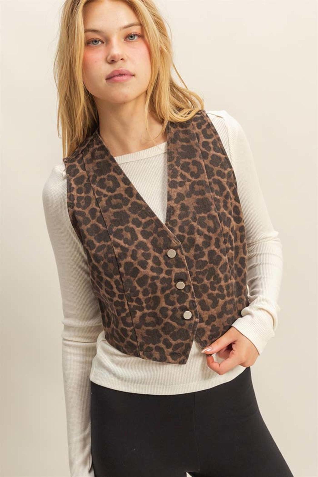 Chic Leopard Print Denim Vest Product Image
