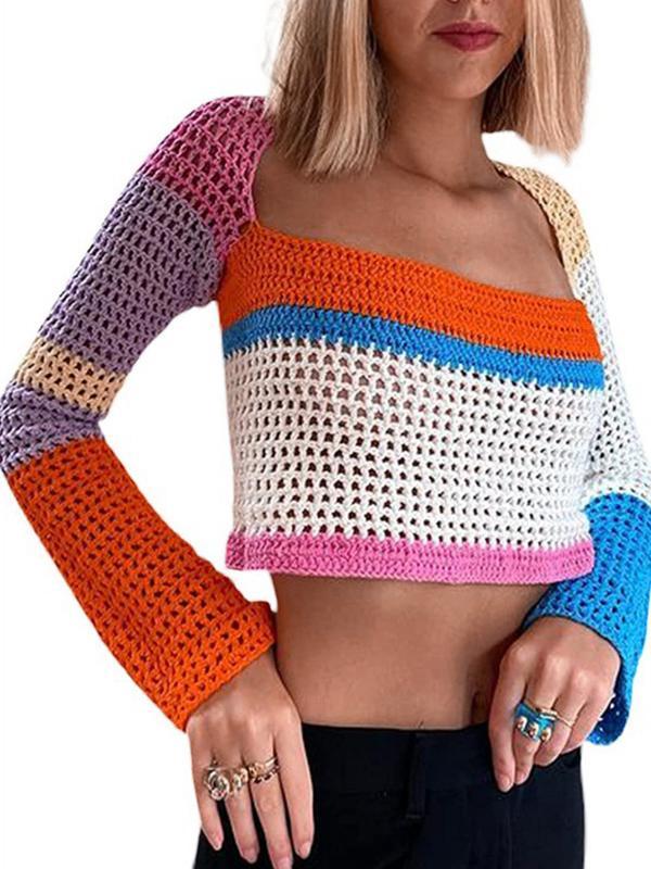 Cutout Colorful Patchwork Crochet Top Product Image