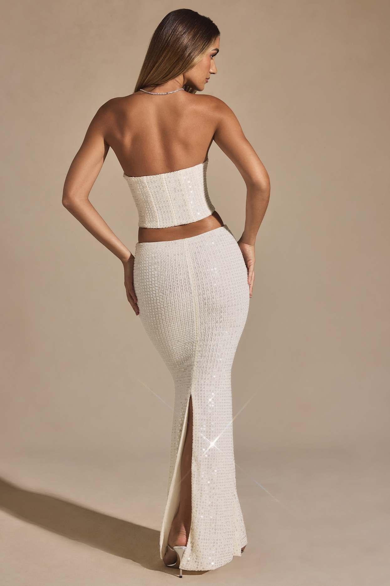 Embellished Cut-Out Draped Corset Gown in White Product Image