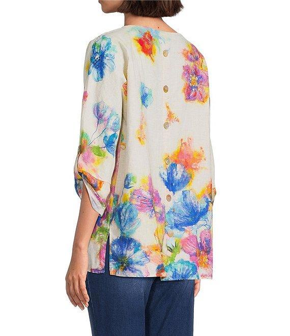 Ali Miles Linen Blend Multi Floral Round Neck High-Low Hem 3/4 Dolman Roll-Tab Sleeve Tunic Product Image