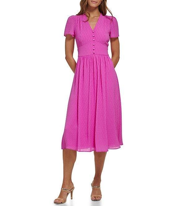 DKNY V-Neck Short Sleeve Covered Button Bodice Chiffon A-Line Midi Dress Product Image