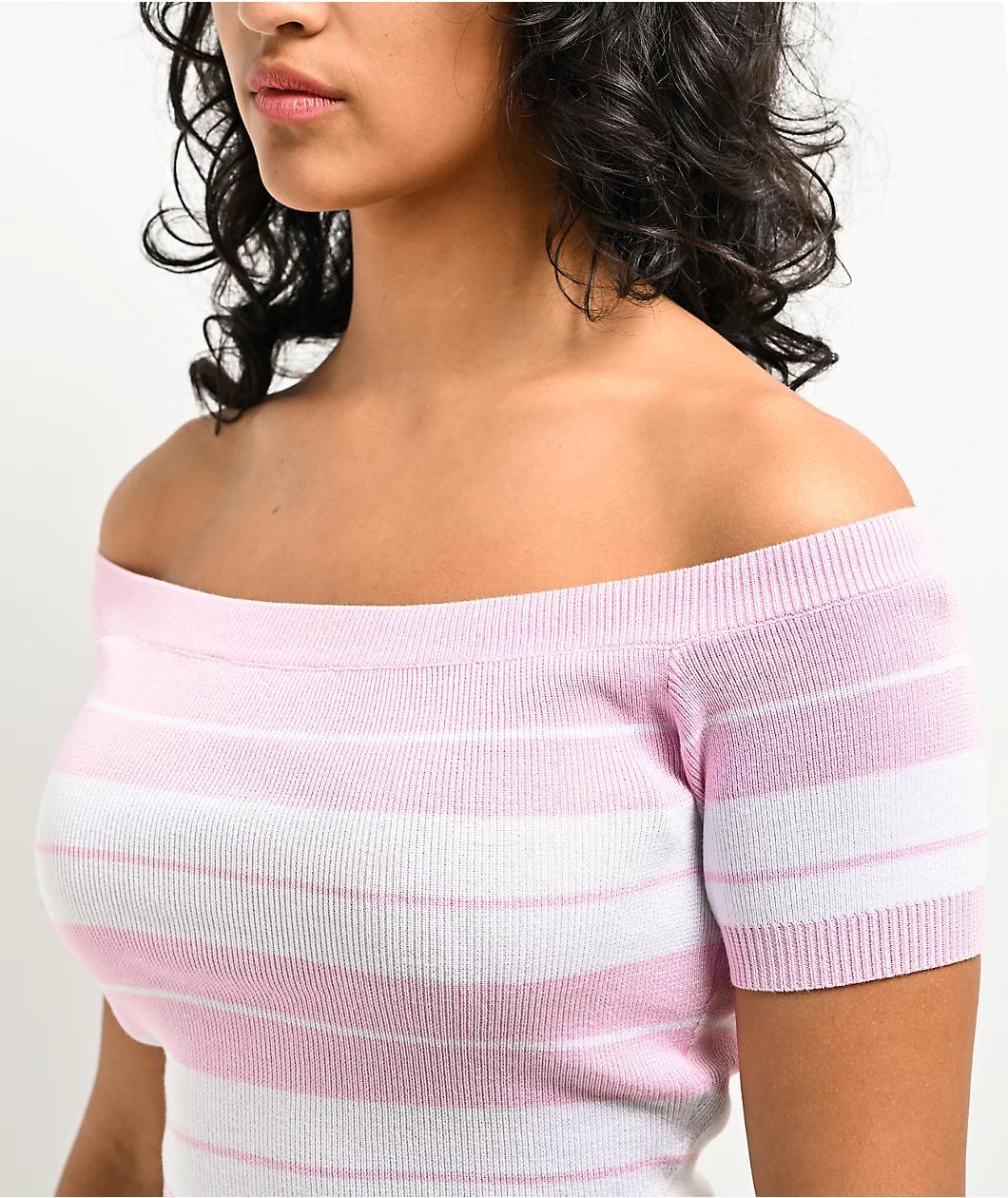 FB County Off Shoulder Pink Stripe Crop T-Shirt Product Image