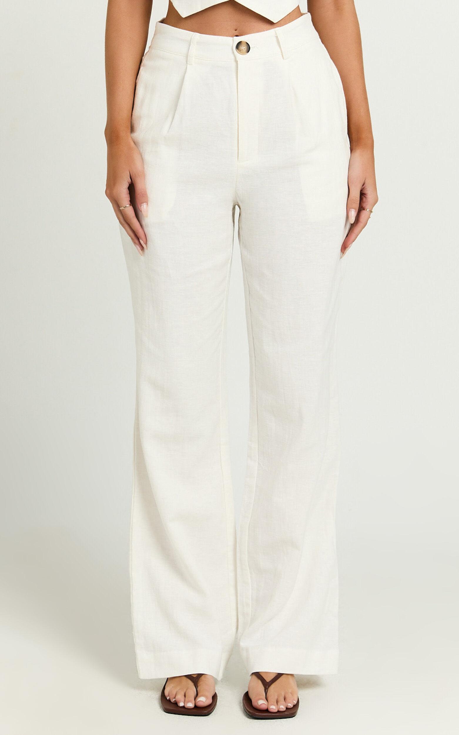 Bree Pants - Linen Mid Rise Relaxed Straight Leg Tailored Trousers in White Product Image