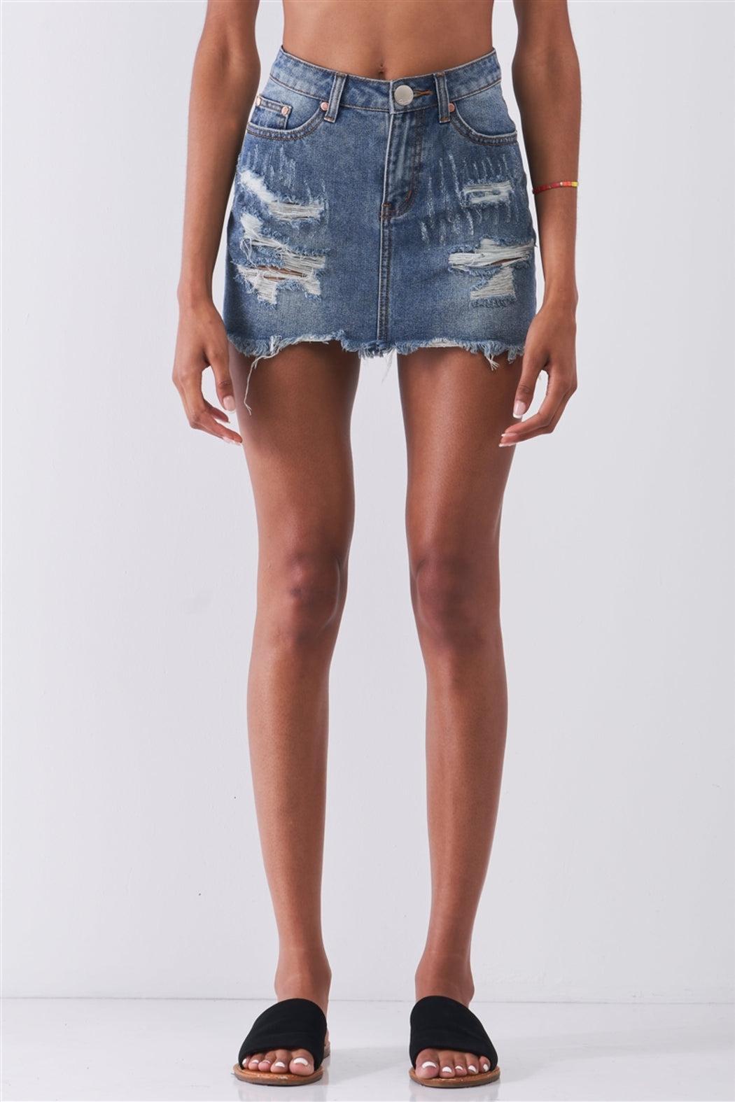 Mid Denim High Waist Distressed Raw Hem Detail Mini Skirt *Damaged* Product Image