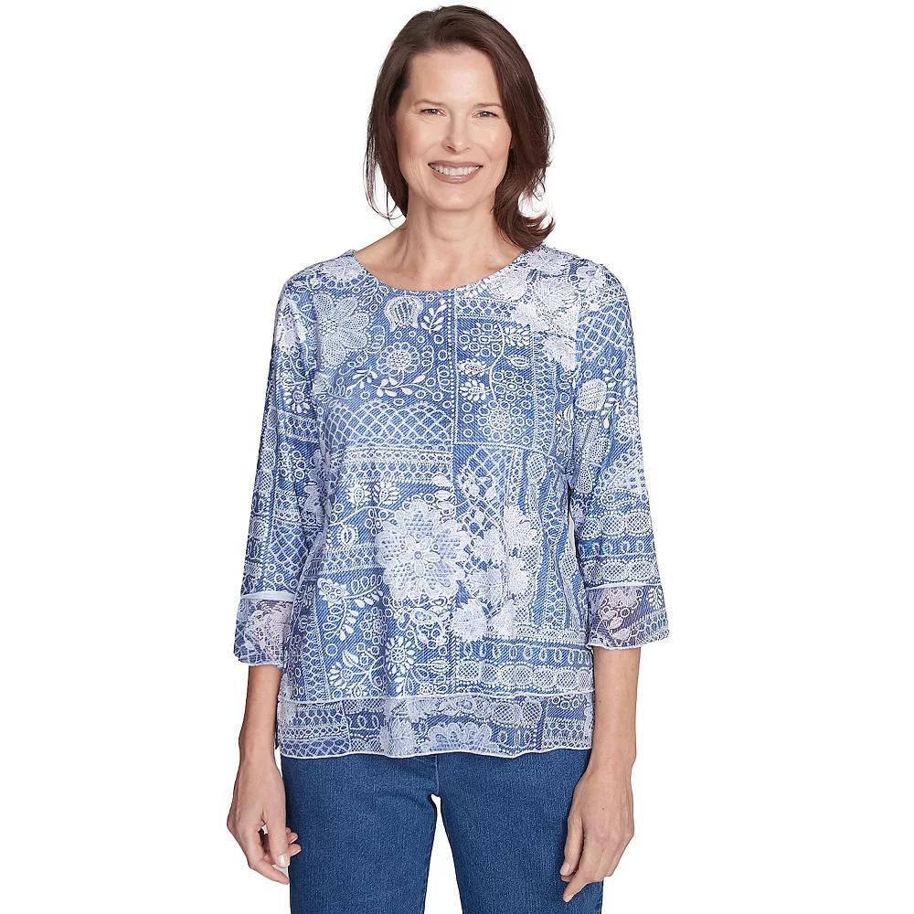 Petite Alfred Dunner Lacey Floral Patchwork Crew Neck Top, Women's,  Product Image