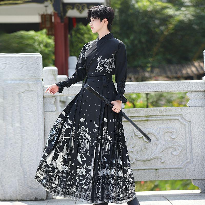 Long-Sleeve Embroidered Wrap Hanfu Top / Print Maxi Ma Mian Skirt / Wrist Cuff /Set Product Image