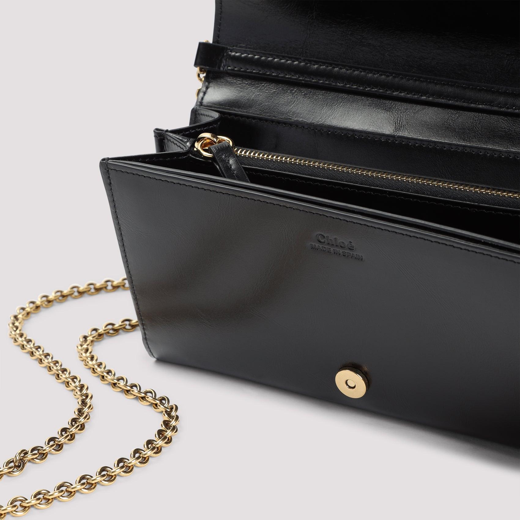 CHLOÉ Iconic Flap Wallet On Chain In Shiny Calfskin In Black Product Image