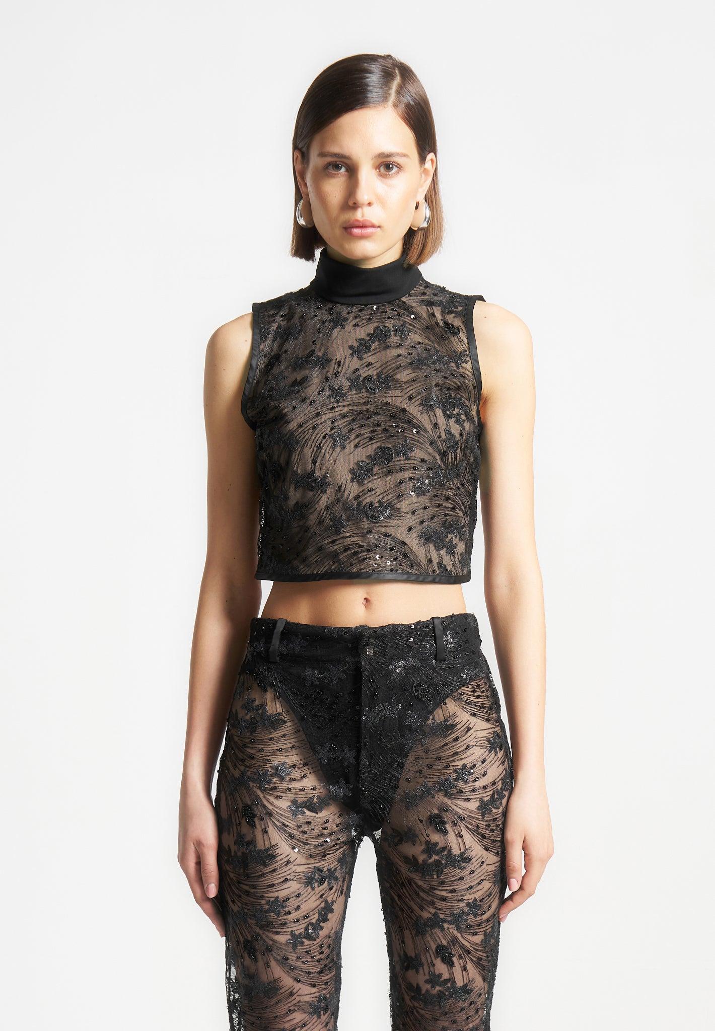 Embellished Lace Open Back Top - Black Female Product Image