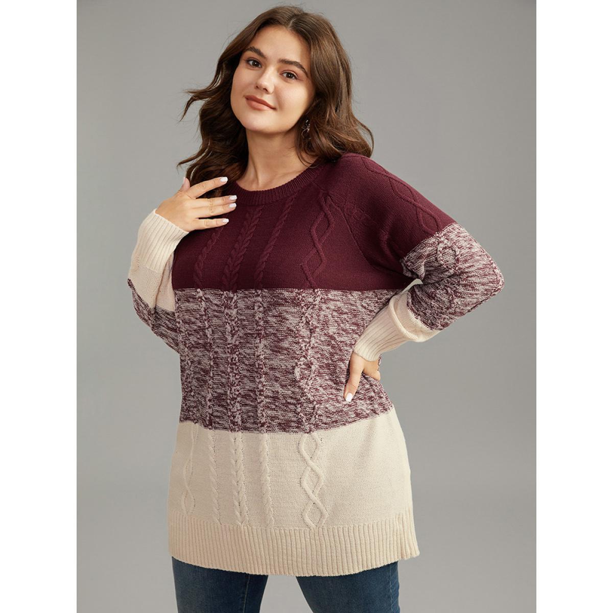 Plus Size Cable Knit Heather Colorblock Patchwork Pullover Burgundy Women Casual Loose Long Sleeve Round Neck Dailywear Pullovers BloomChic 22-24/3X Product Image