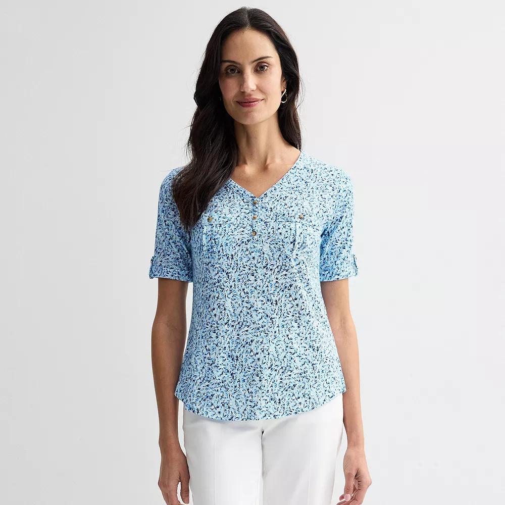 Women's Croft & Barrow® Elbow Sleeve Utility Henley Top, Size: Small, Blue Texture Palms Product Image
