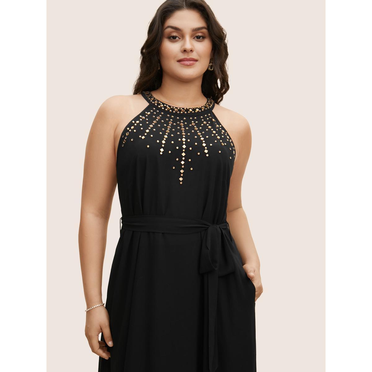 Plus Size Halter Neck Rhinestone Detail Asymmetrical Hem Dress Black Women Cocktail Rhinestone detailing Halter neck Sleeveless Curvy BloomChic 12/L Product Image