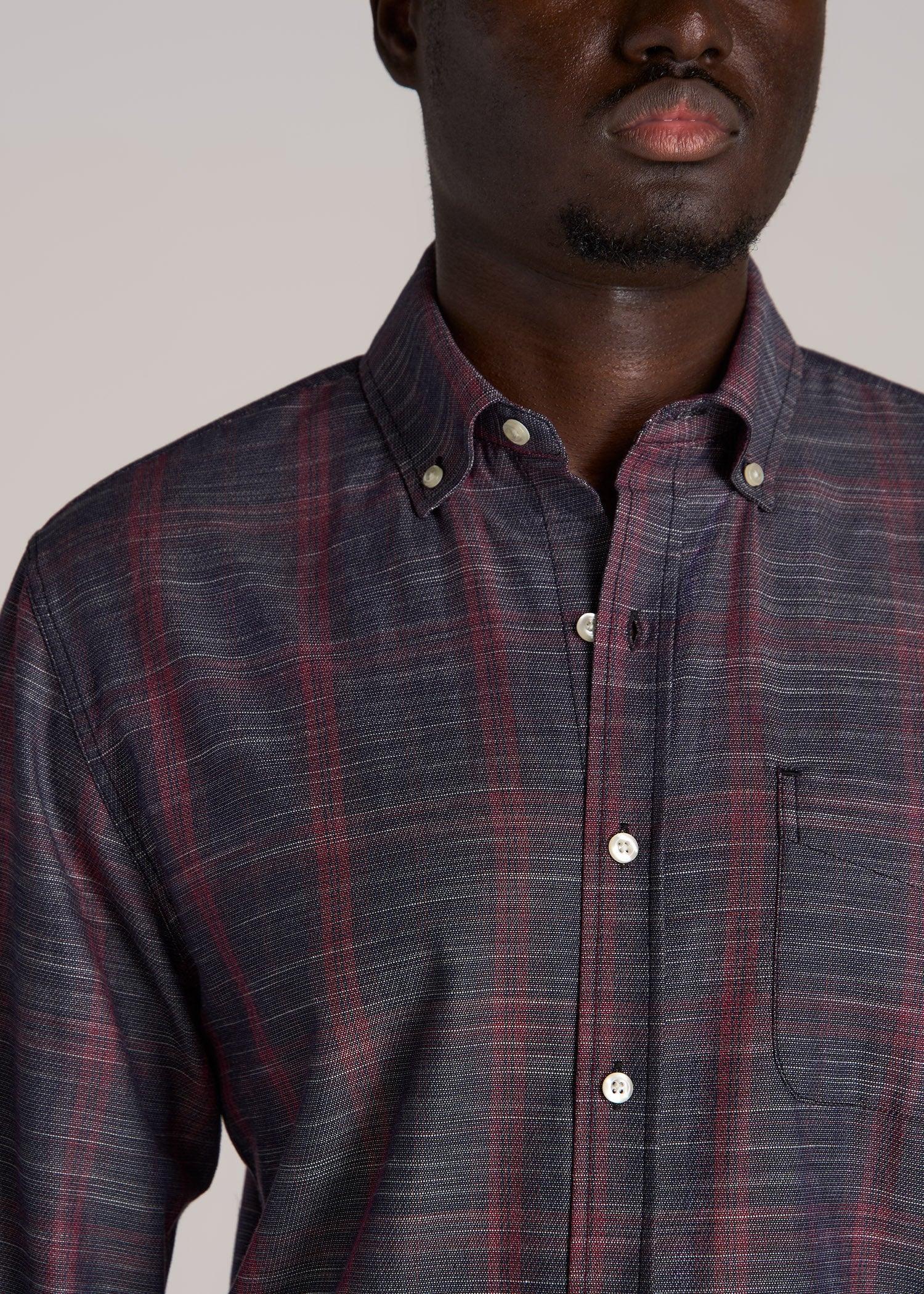 Textured Weave Cotton Button-Up Shirt for Tall Men in Red Plaid Male Product Image