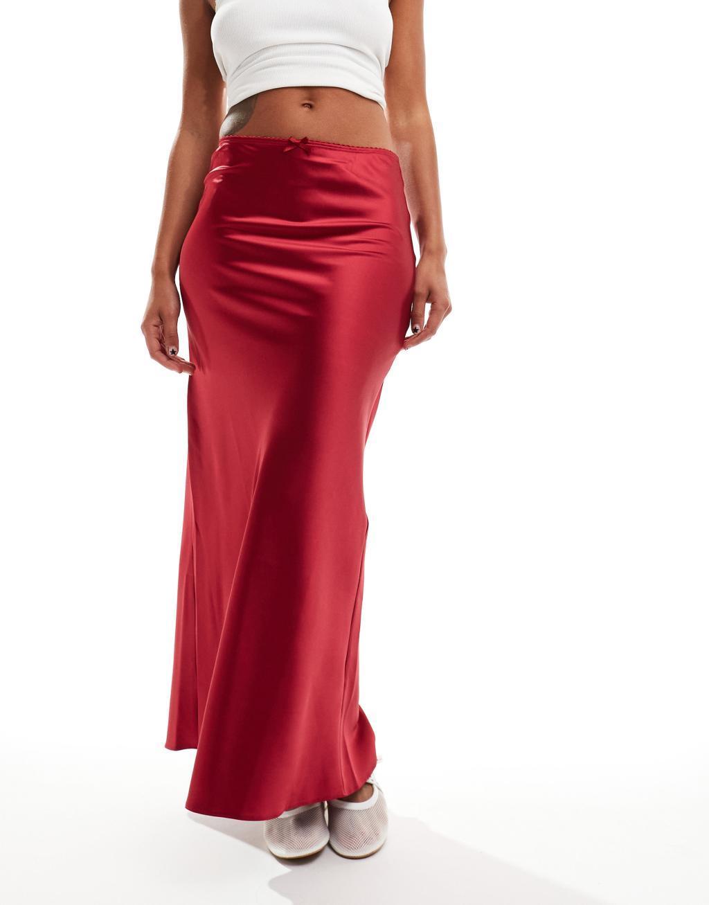 Miss Selfridge satin bias maxi skirt in red Product Image