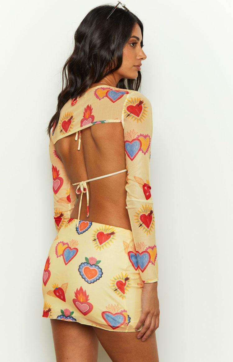 Rosaline Yellow Heart Printed Mesh Mini Skirt Product Image