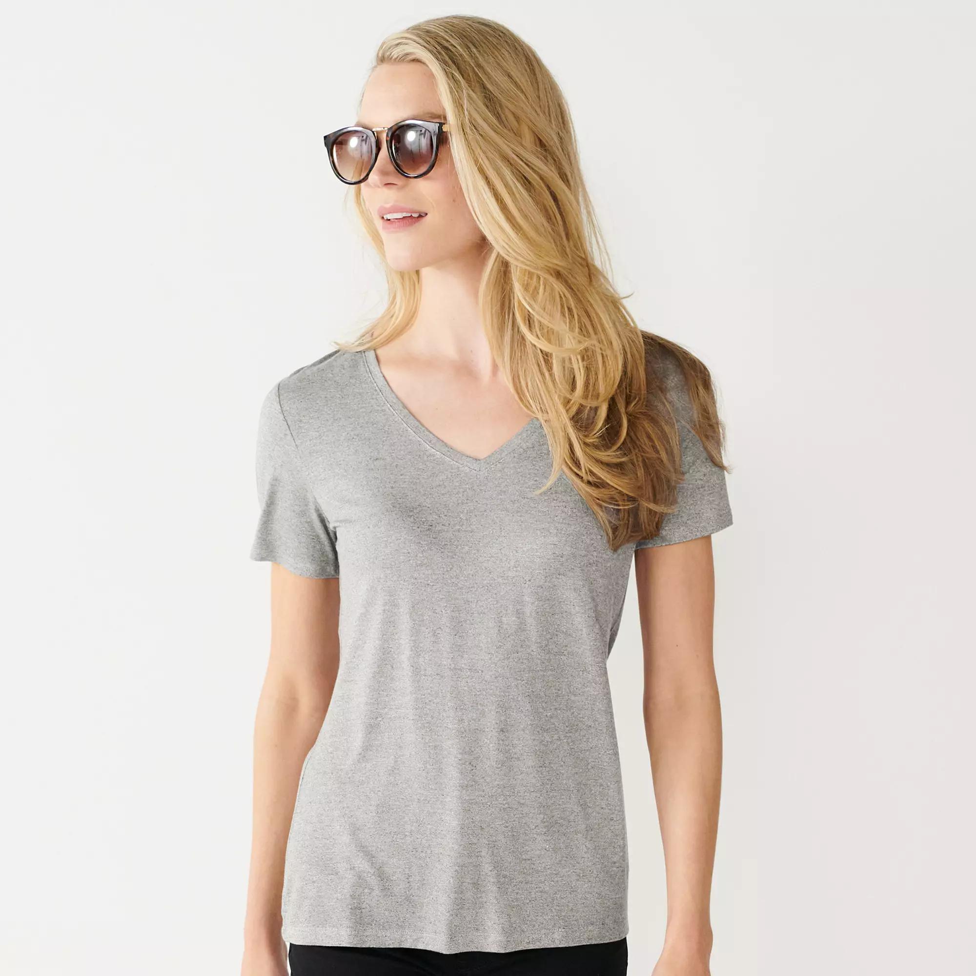Petite Nine West Essential Short Sleeve V-Neck Tee, Women's, Size: XL Petite, Dark Ash Grey Product Image