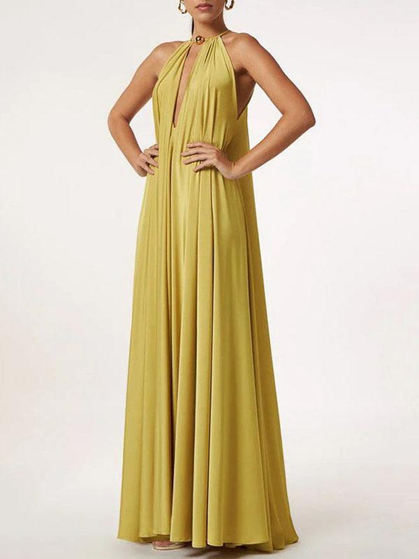 Sleeveless Solid Color Deep V-Neck Maxi Dresses Product Image