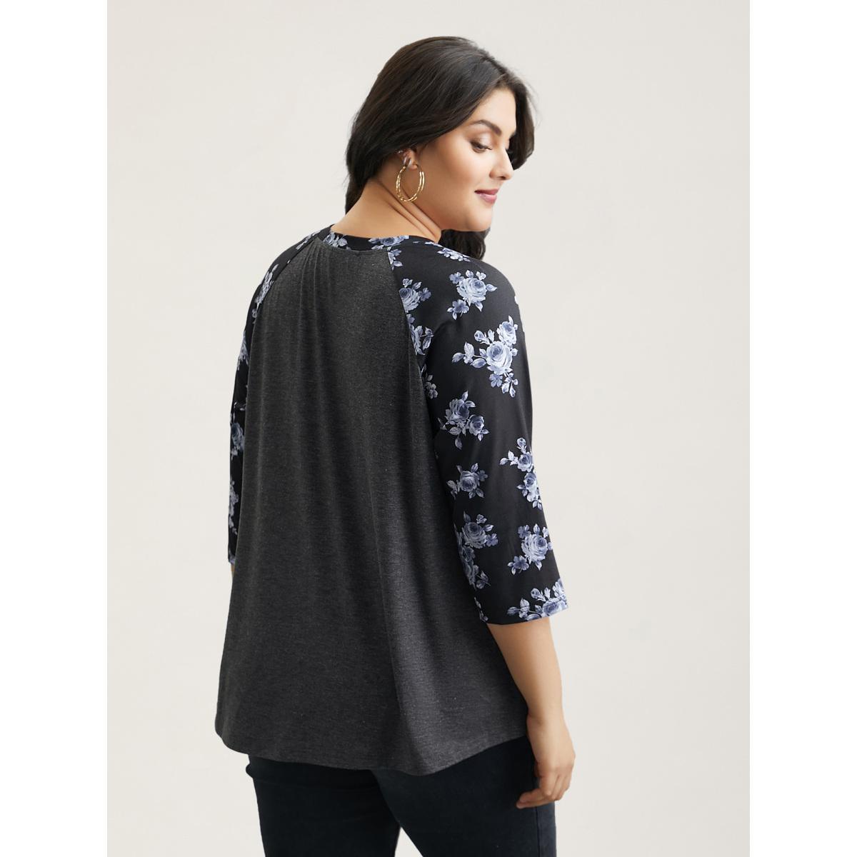 Plus Size Floral Sleeve Round Neck Flared T-Shirt DimGray Women Casual Contrast Natural Flowers Round Neck Everyday T-shirts BloomChic 18-20/2X Product Image