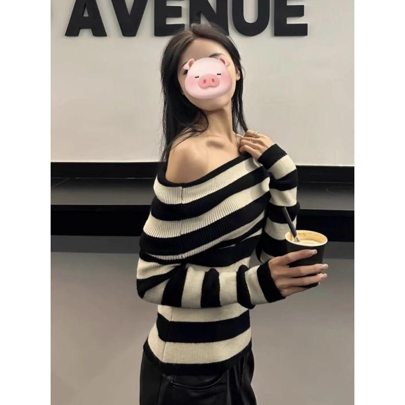 Off-Shoulder Striped Ribbed Sweater Product Image