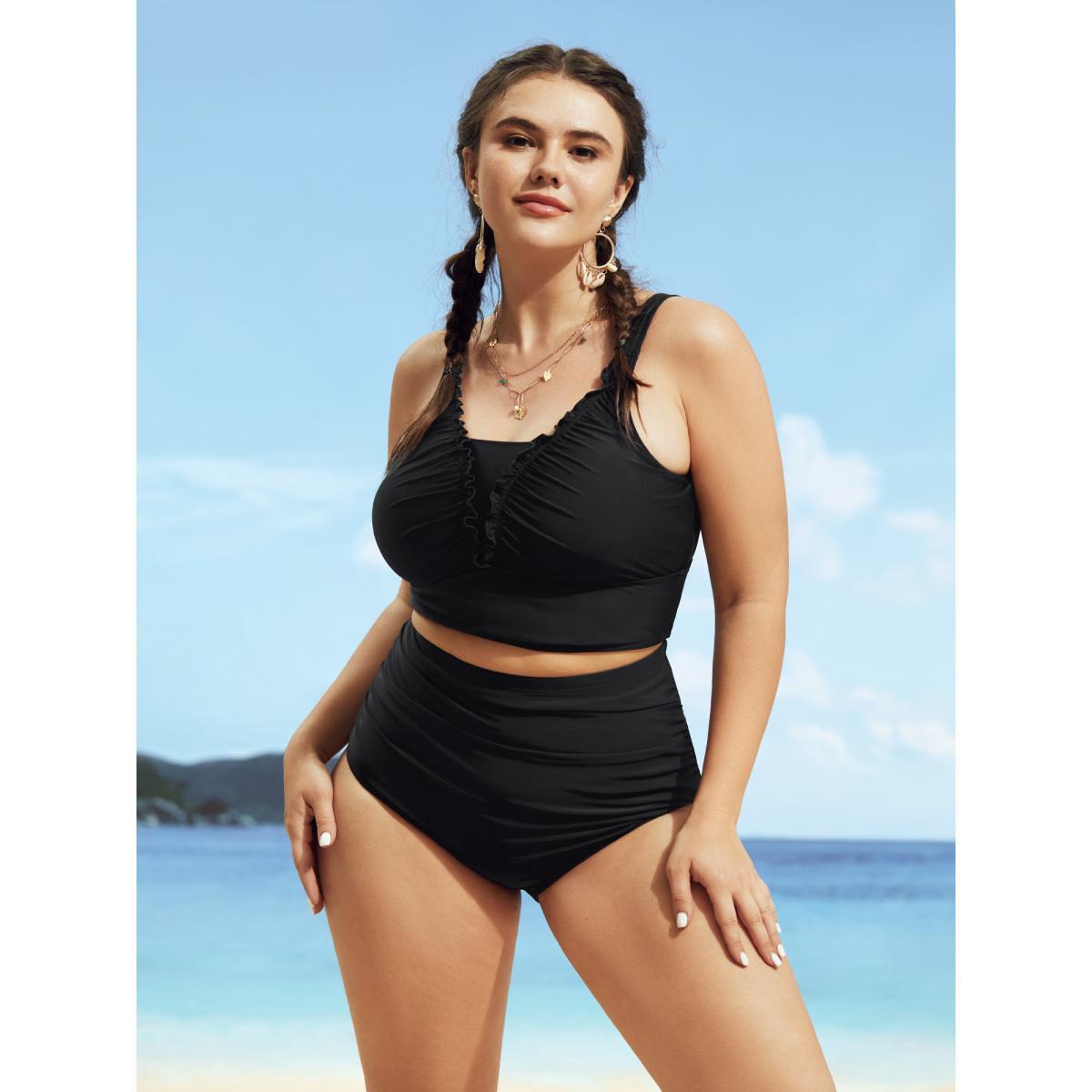 Plus Size V Neck Gathered Frill Trim Swim Top Women's Swimwear Black Beach Gathered High stretch Skinny V-neck Curve Swim Tops BloomChic 14-16/1X Product Image