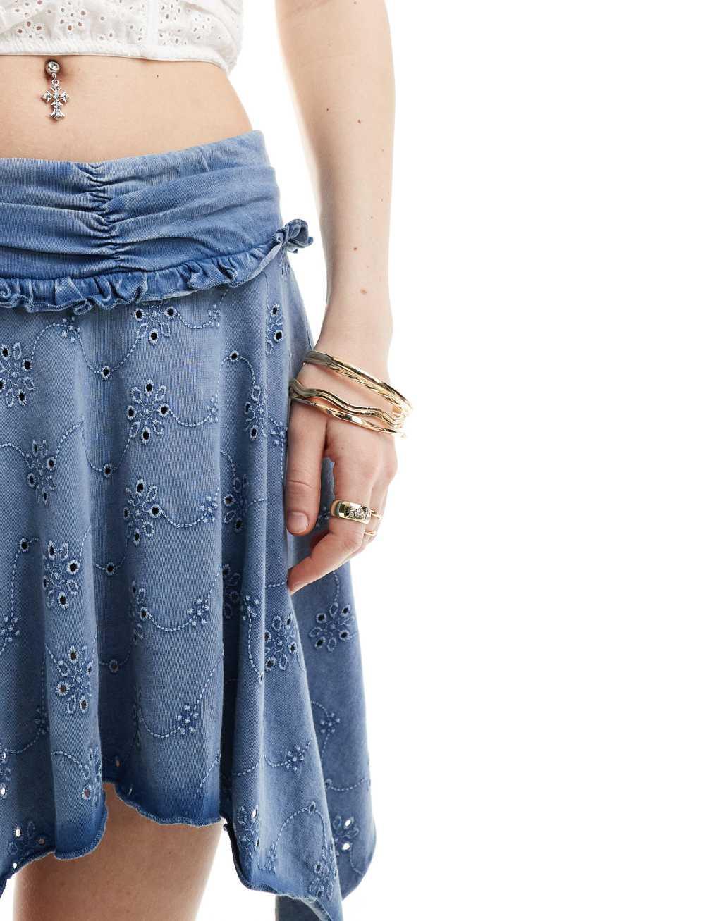 ASOS DESIGN handkerchief hem eyelet rara skirt in washed blue Product Image