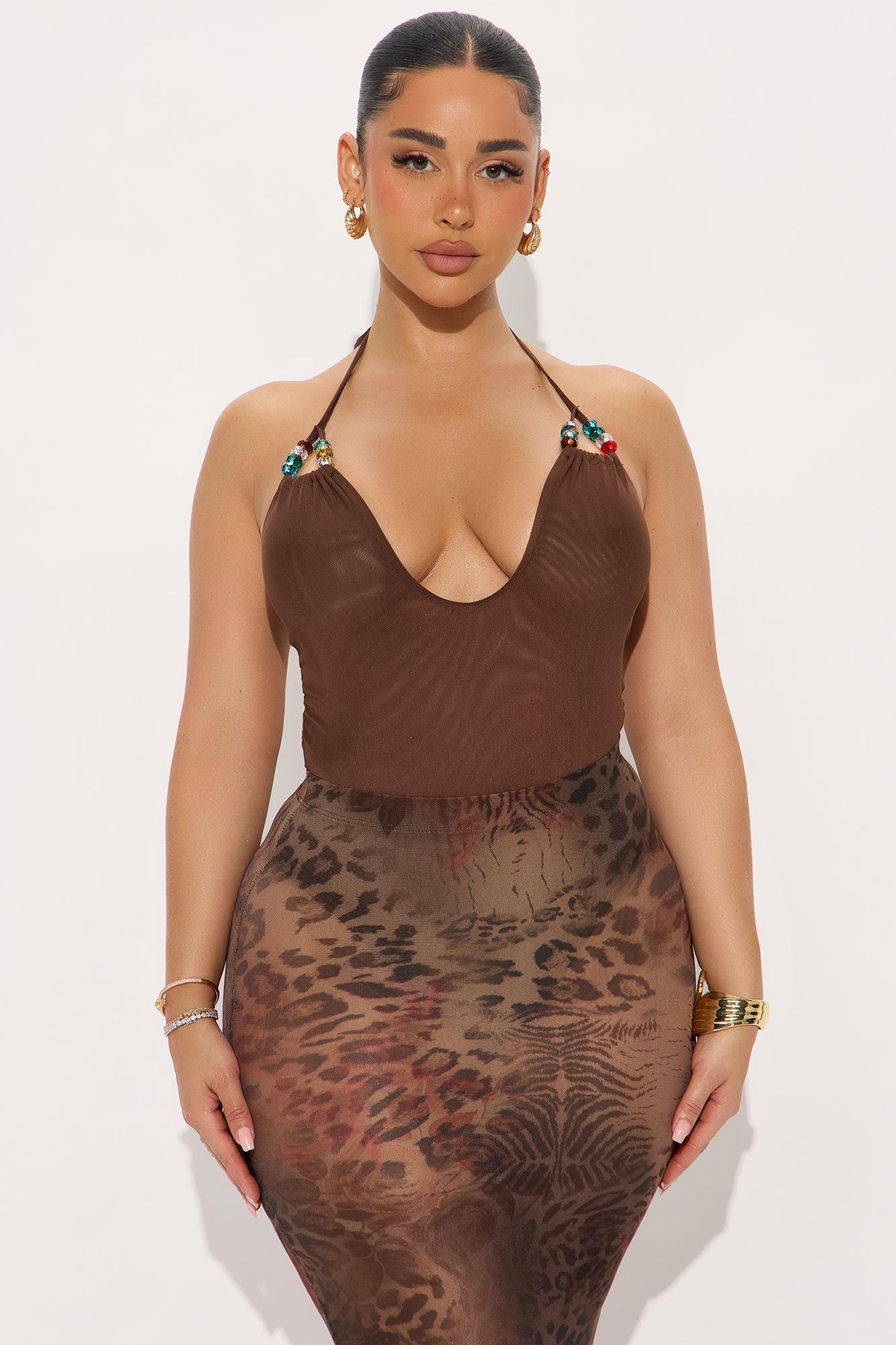 Beachfront Glamor Mesh Halter Bodysuit - Brown Product Image